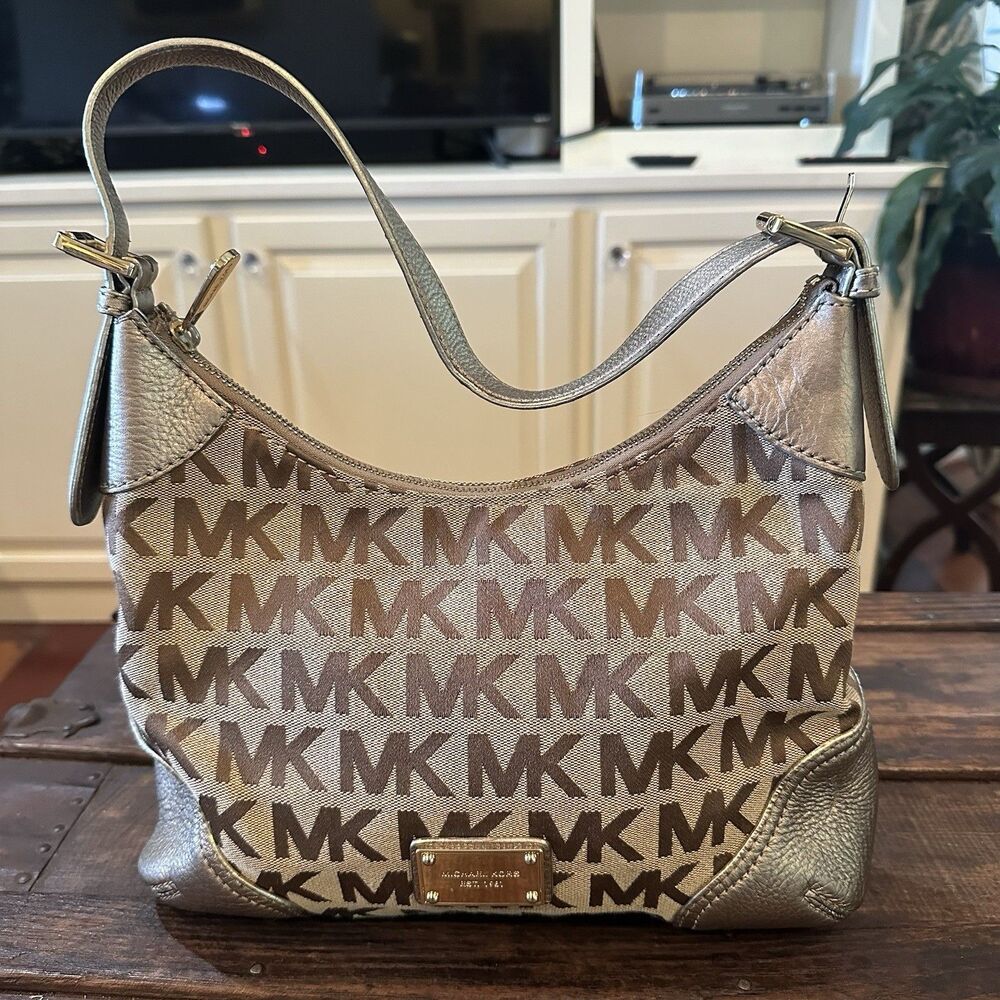 Michael Kors Millbrook Hobo Shoulder Bag Logo Metallic Trim Approx 12”x10”